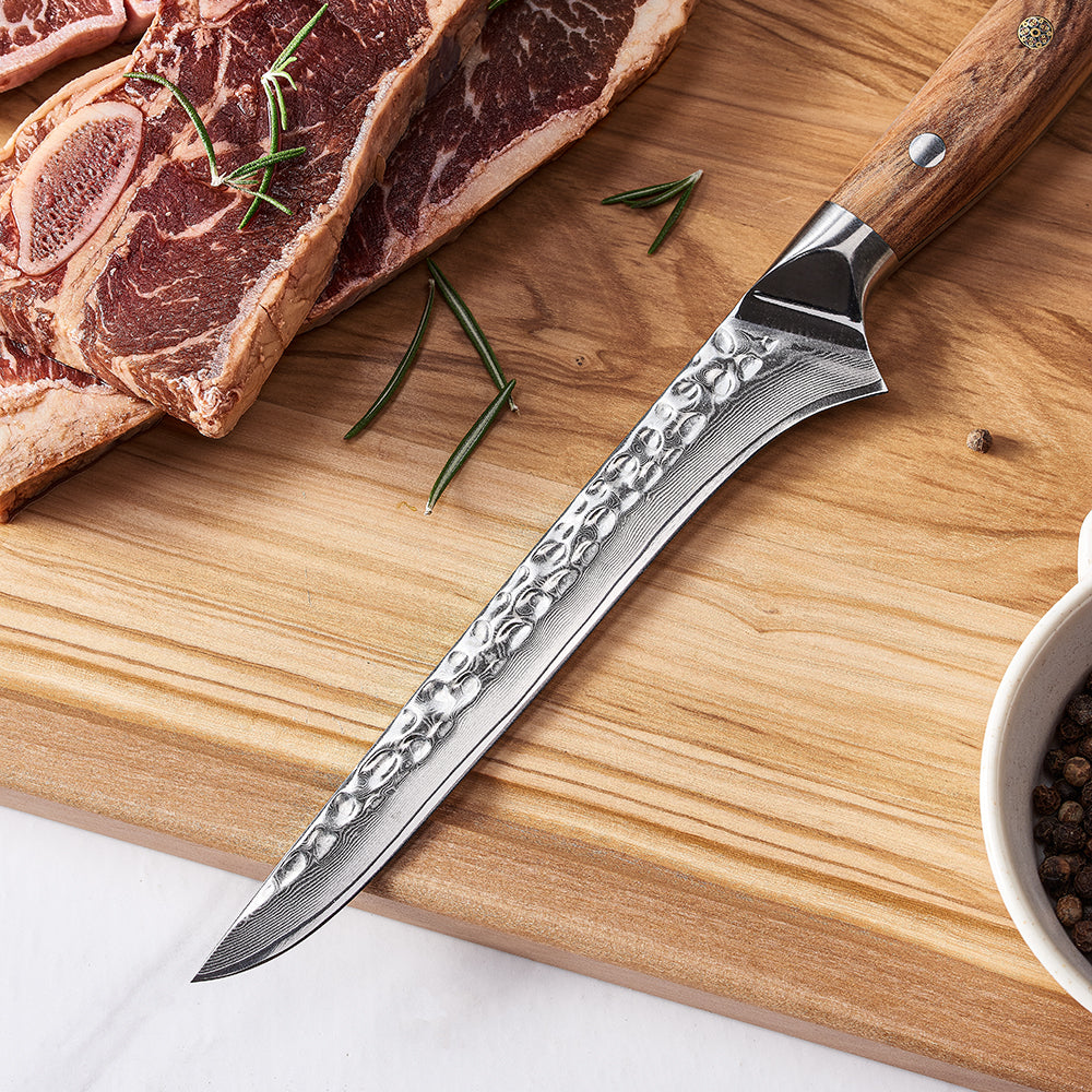 Boning Knife, Hikari – Precision Fish and Meat Filleting with VG-10 Damascus Steel Blade and Olive Wood Handle - Hikari