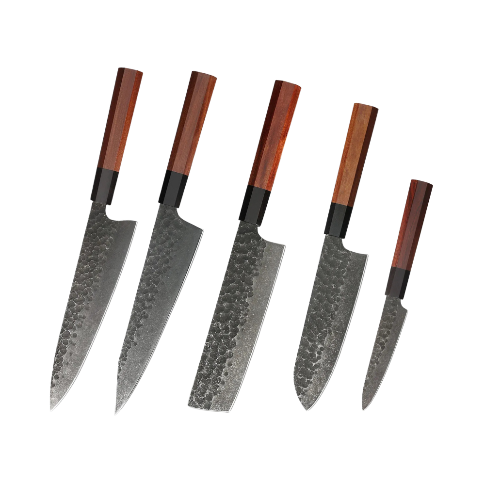 Knife Set Carbon Steel & Red Wood Handles H221 - Hikari