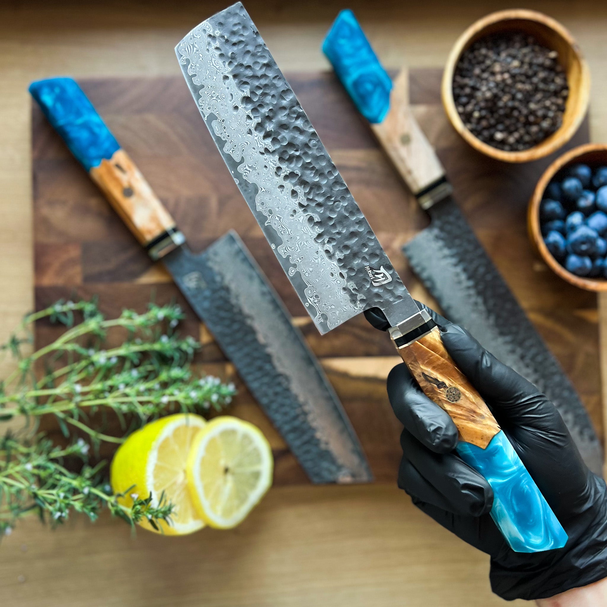 Nakiri Kitchen Knife – Damascus VG -10 Steel Blade, Ergonomic Burl Handle, Professional Vegetable Knife - Hikari