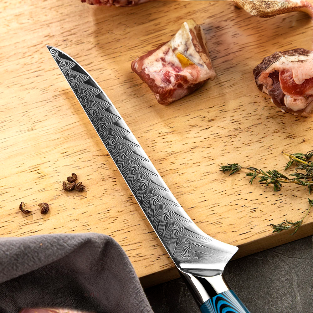 Premium Boning Knife, Hikari – Filleting Knife for Meat and Fish, Damascus Steel and Pakkawood Handle, Honesuki