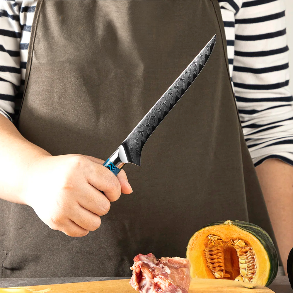 Premium Boning Knife, Hikari – Filleting Knife for Meat and Fish, Damascus Steel and Pakkawood Handle, Honesuki