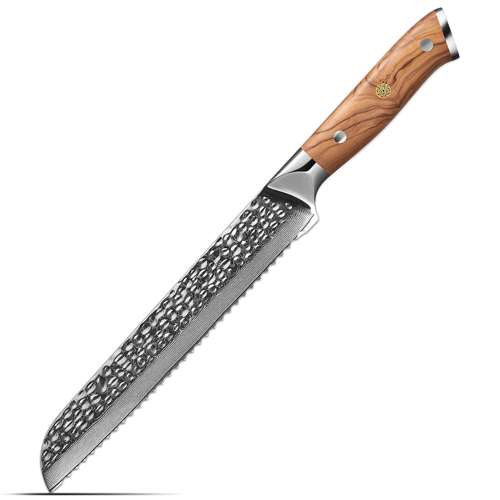 Japanese knife for bread with damascus steel and hammered finish