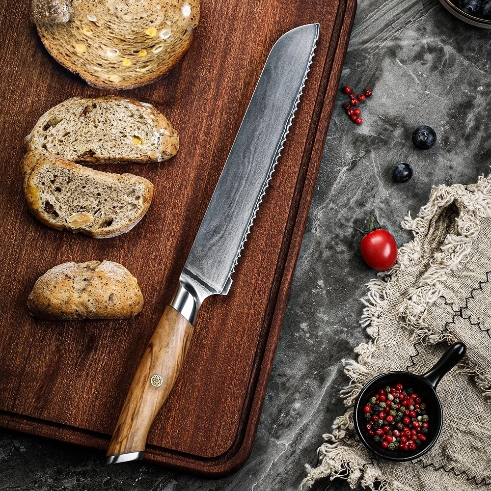 Hikari Bread Knife – Premium Serrated VG -10 Blade with Olive Wood Handle, Ideal for Slicing Bread - Hikari