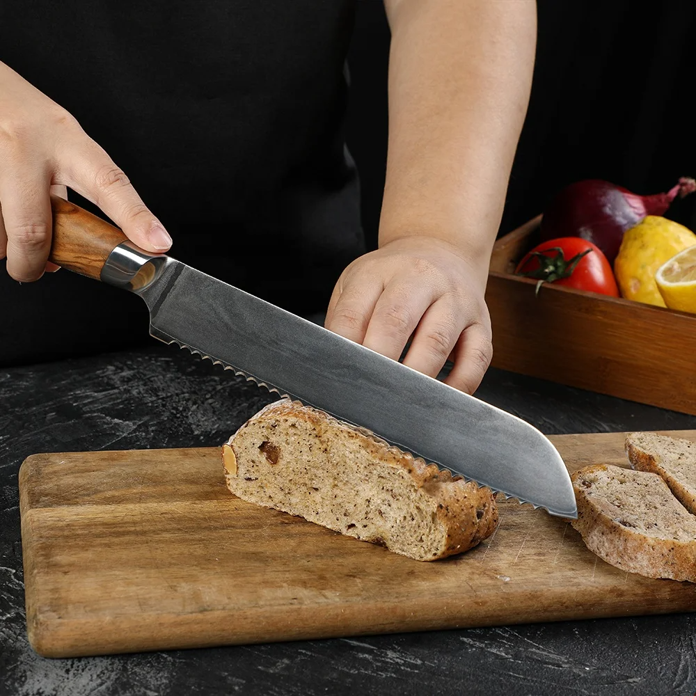 Hikari Bread Knife – Premium Serrated VG -10 Blade with Olive Wood Handle, Ideal for Slicing Bread - Hikari