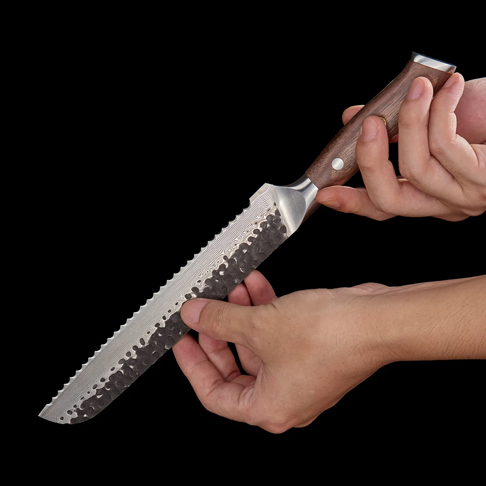 Bread VG-10 Kurouchi Hammered Damascus Premium Walnut Handle 20cm - Hikari