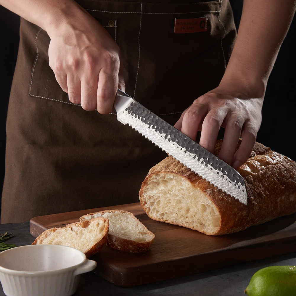 Bread VG-10 Kurouchi Hammered Damascus Premium Walnut Handle 20cm - Hikari