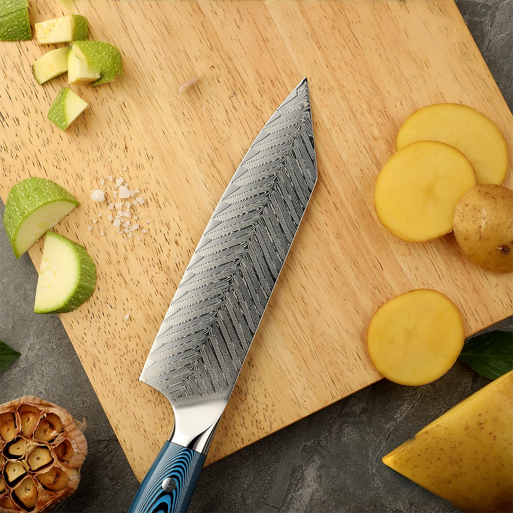 Hikari Premium Bunka Knife – All-Purpose Damascus Blade with Blue Pakkawood Handle for Professional Cutting - Hikari