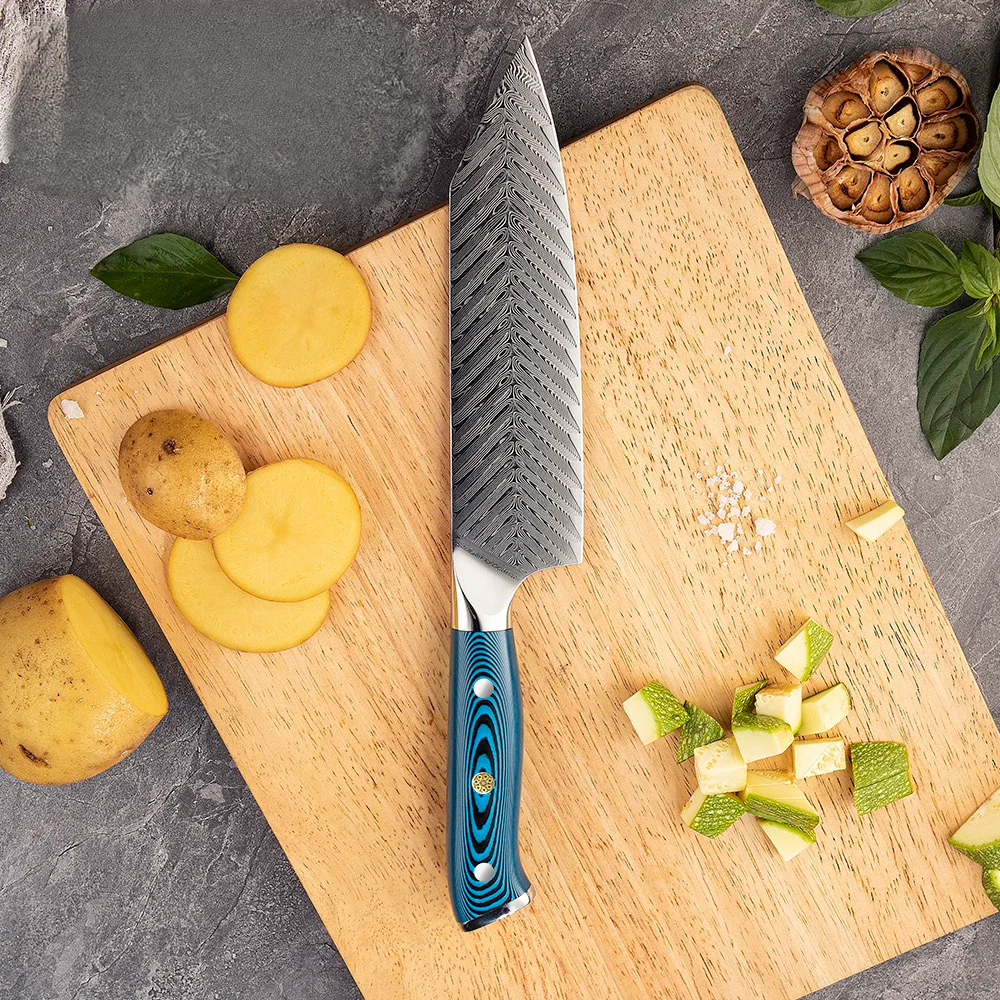 Hikari Premium Bunka Knife – All-Purpose Damascus Blade with Blue Pakkawood Handle for Professional Cutting - Hikari