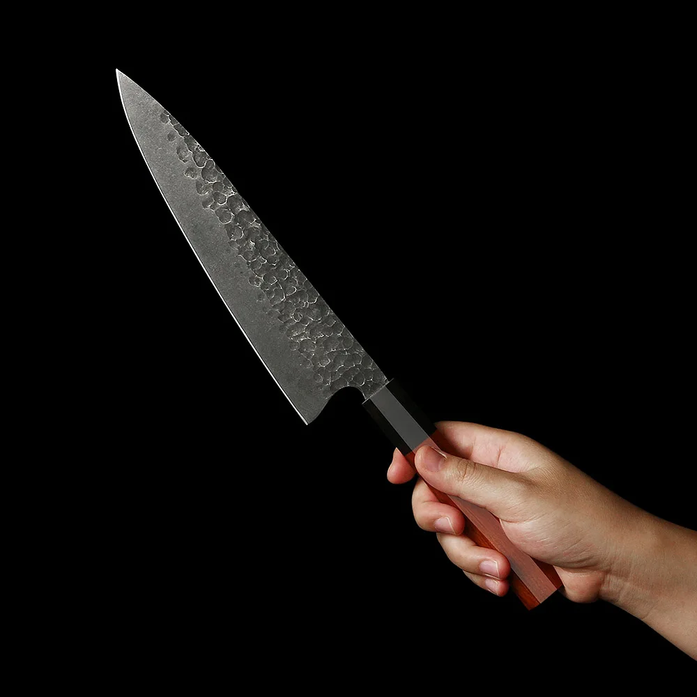 High-Quality Chef Knife, Hikari Knife - Cooking Knife - Hammered High Carbon Steel and Premium Mahogany Handle - Hikari