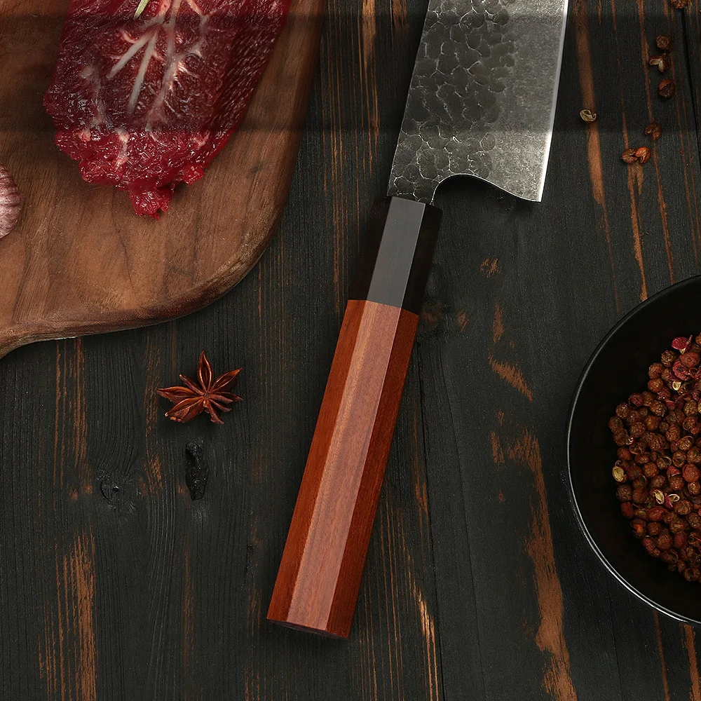 High-Quality Chef Knife, Hikari Knife - Cooking Knife - Hammered High Carbon Steel and Premium Mahogany Handle - Hikari