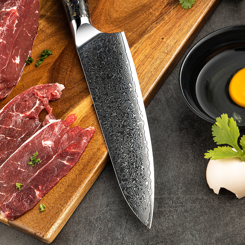 Professional Chef Knife, Hikari Knife - Japanese-Style VG -10 Damascus Steel Kitchen Knife, Ergonomic Carbon Fiber Handle - Hikari