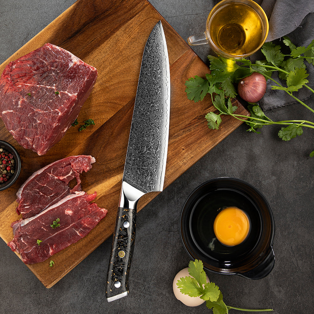 Professional Chef Knife, Hikari Knife - Japanese-Style VG -10 Damascus Steel Kitchen Knife, Ergonomic Carbon Fiber Handle - Hikari