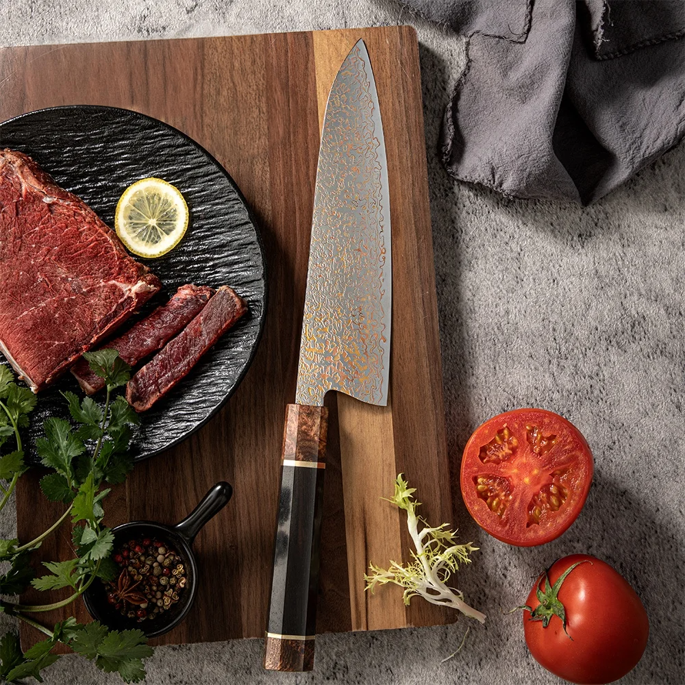 Premium Chef Knife, Hikari – Damascus and Copper Blade, Ergonomic Ebony Handle for Various Kitchen Tasks - Hikari