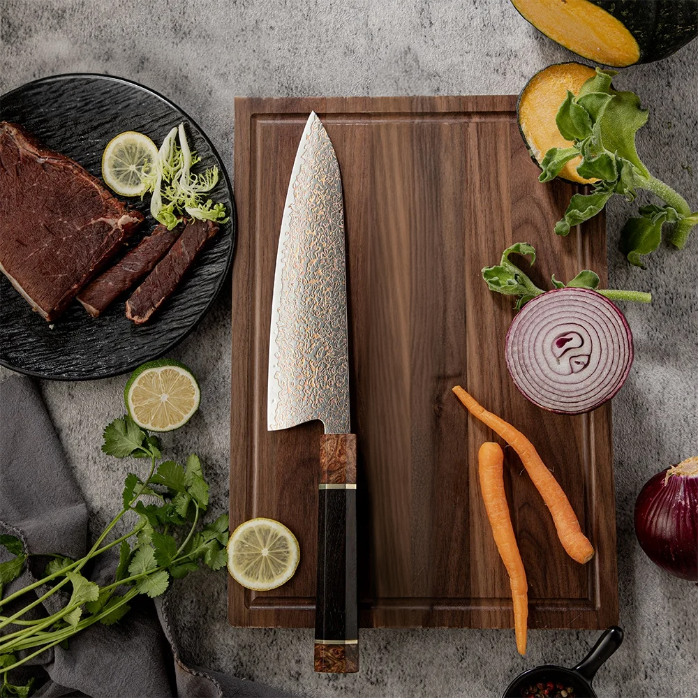 Premium Chef Knife, Hikari – Damascus and Copper Blade, Ergonomic Ebony Handle for Various Kitchen Tasks - Hikari