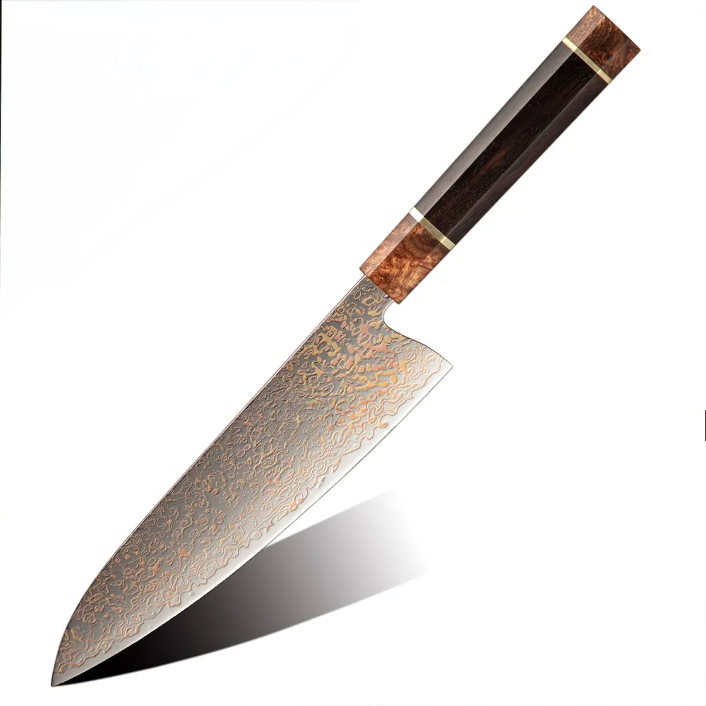 Premium Chef Knife, Hikari – Damascus and Copper Blade, Ergonomic Ebony Handle for Various Kitchen Tasks - Hikari