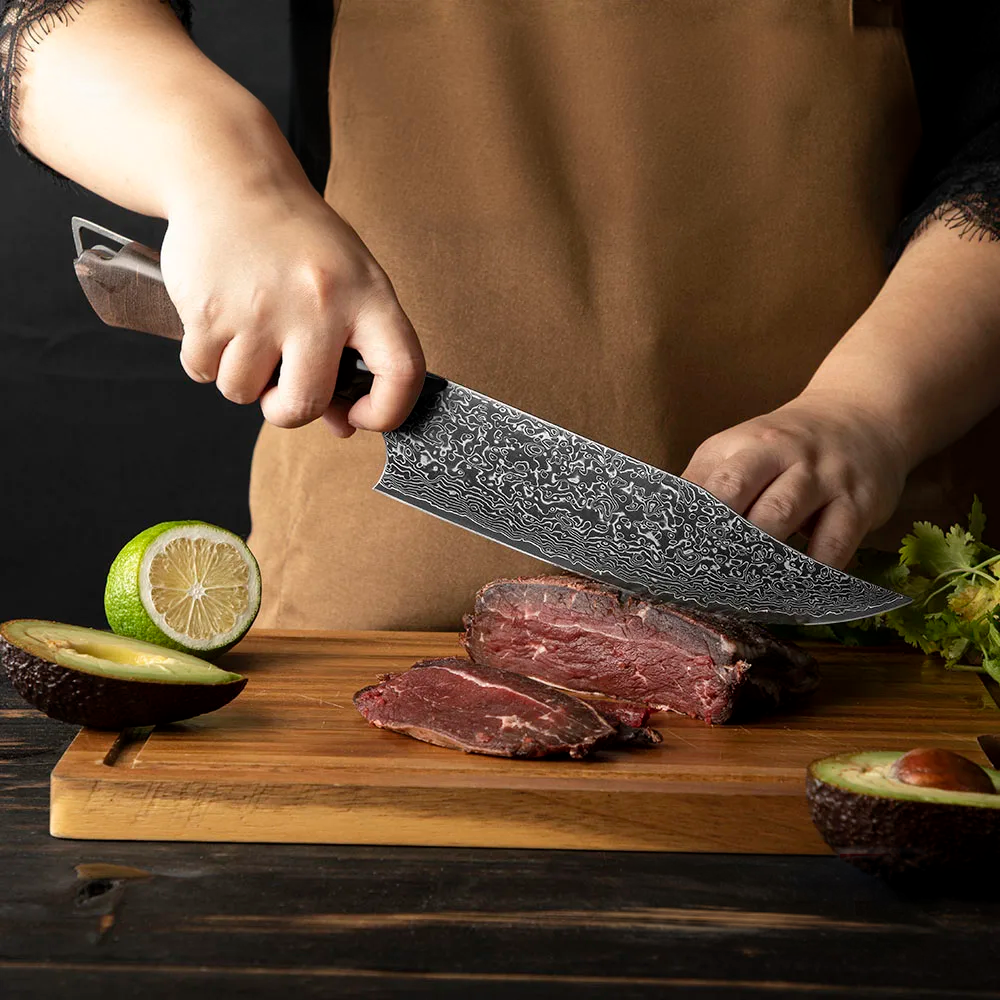 Premium Chef Knife - Damascus Full Tang, Maple and Resin - Professional Kitchen Knife for Slicing, Chopping, and Dicing - Hikari