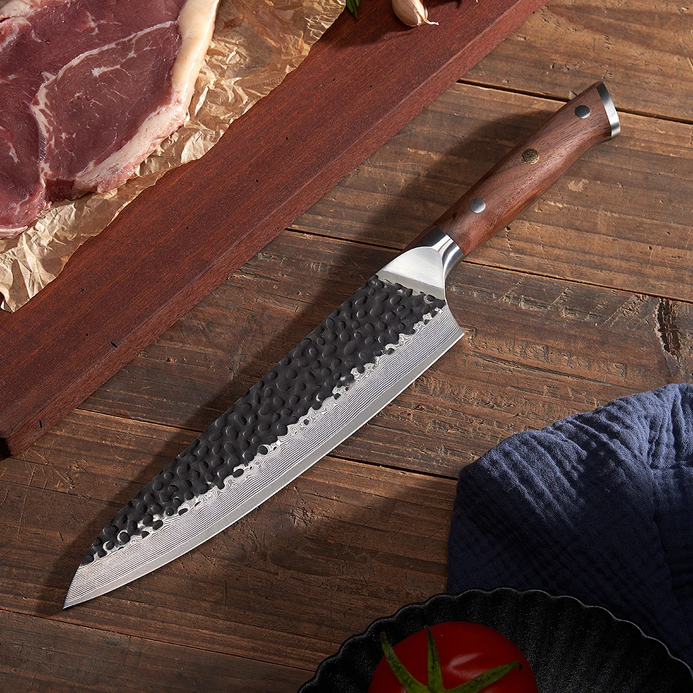 Kitchen Knife, Hikari - Japanese Style Premium Hammered Damascus Culinary Knife, Walnut Handle