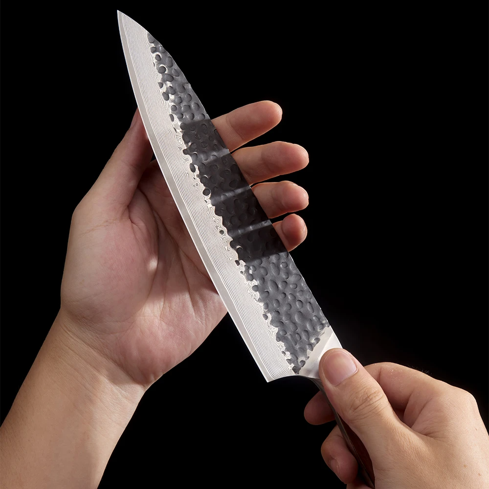 Kitchen Knife, Hikari - Japanese Style Premium Hammered Damascus Culinary Knife, Walnut Handle