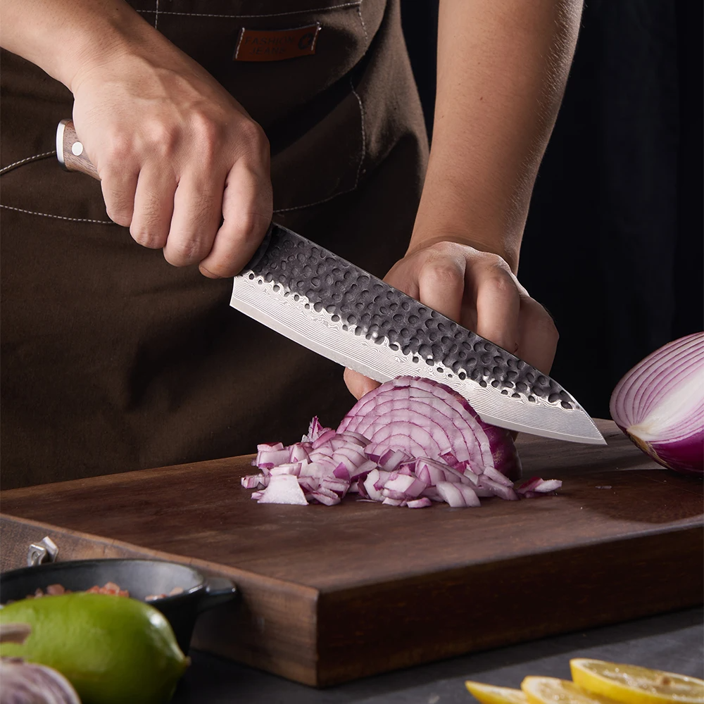 Kitchen Knife, Hikari - Japanese Style Premium Hammered Damascus Culinary Knife, Walnut Handle