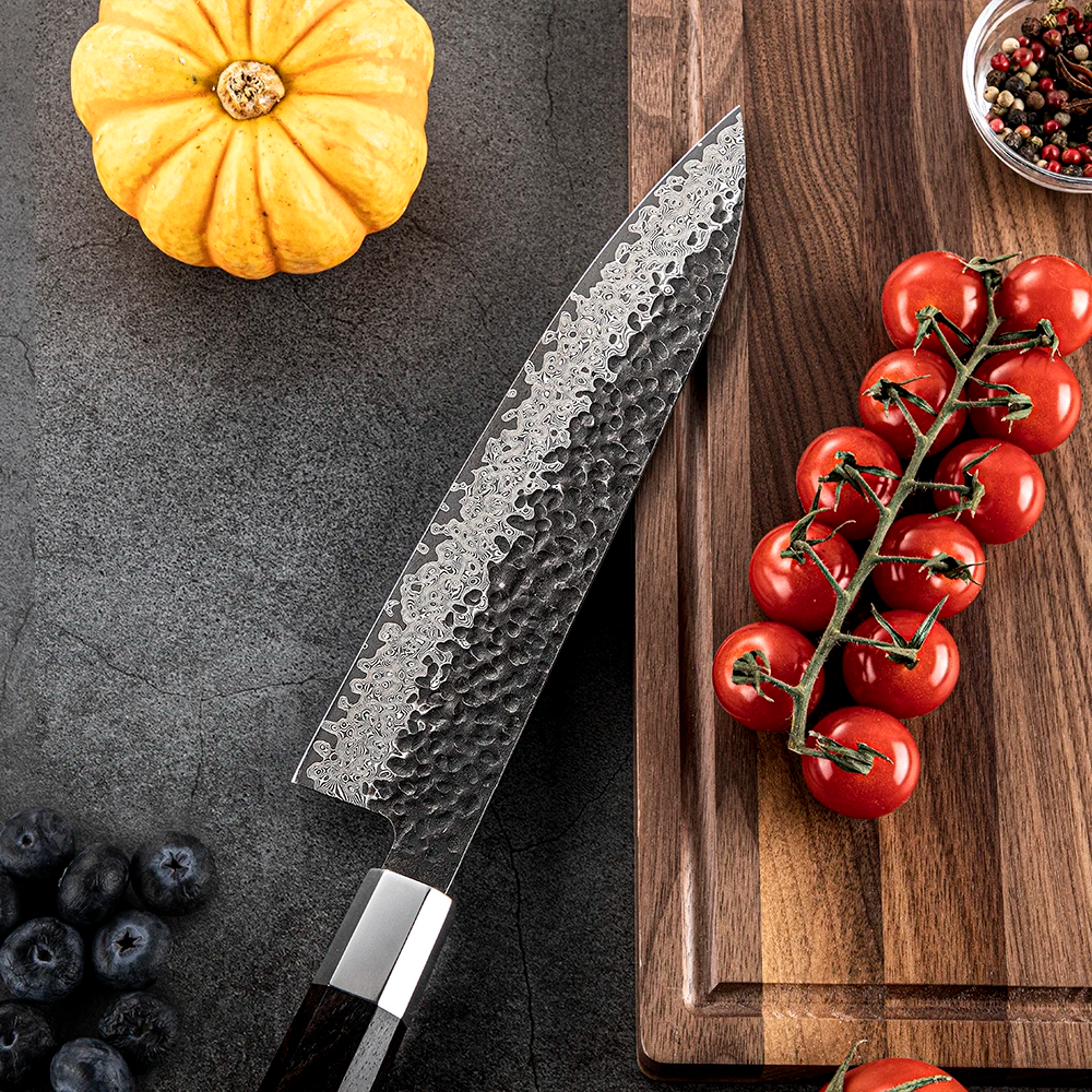 Damascus Chef Knife, Hikari – Versatile, Multipurpose Kitchen Knife with Ergonomic Ebony Handle