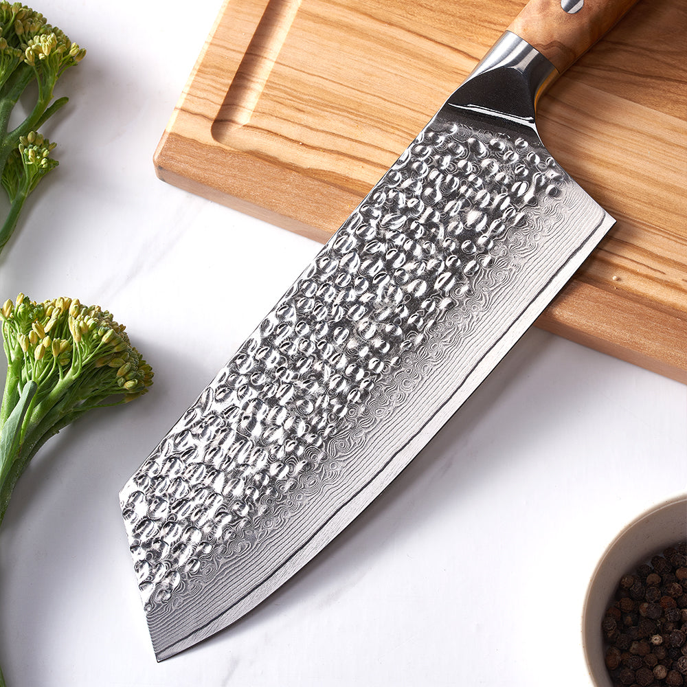 Cleaver, Hikari Knife - VG10 Damascus Blade, Heavy Duty for Professional Prep with Olive Wood Handle - Hikari - Cleaver Knives