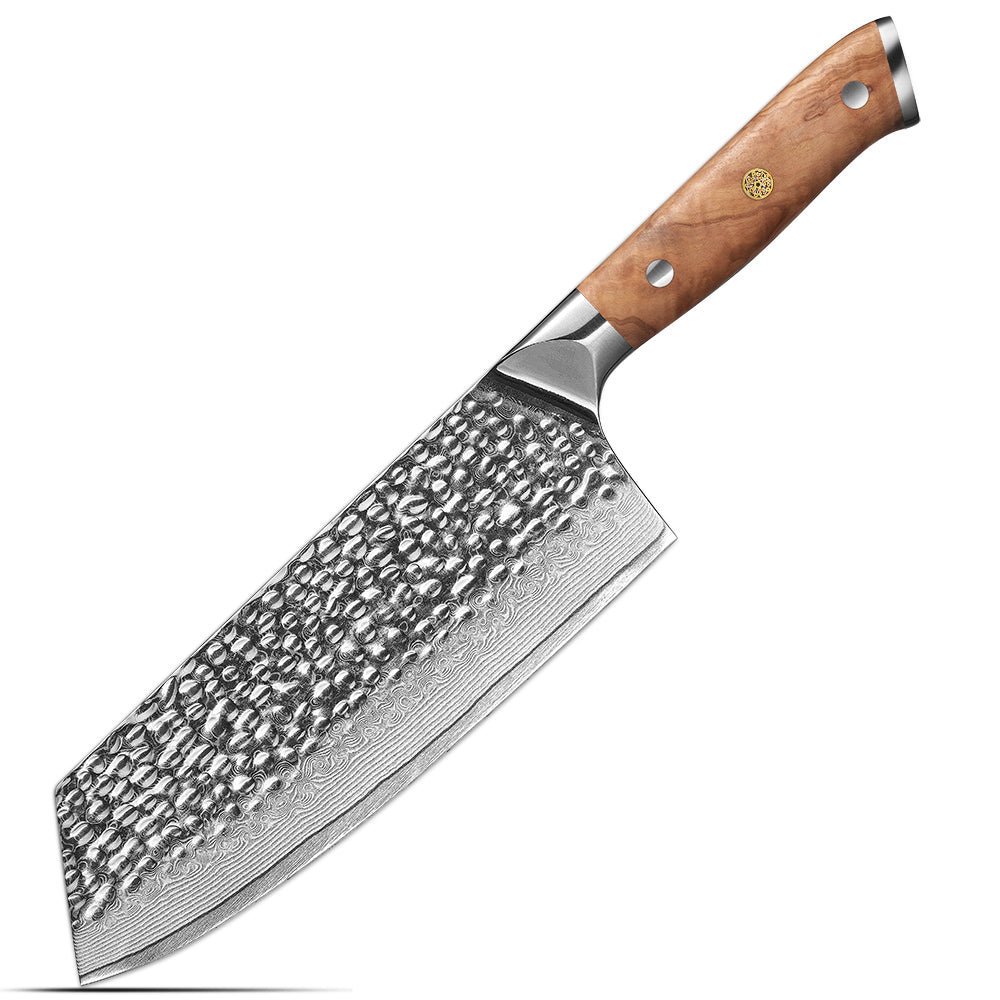 Cleaver, Hikari Knife - VG10 Damascus Blade, Heavy Duty for Professional Prep with Olive Wood Handle - Hikari