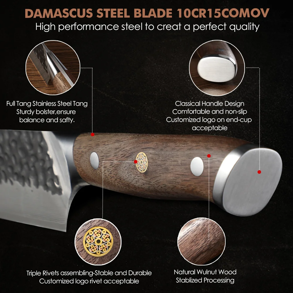 Bunka, Hikari Knife - VG -10 Kurouchi Hammered Damascus Premium Walnut Handle 19cm