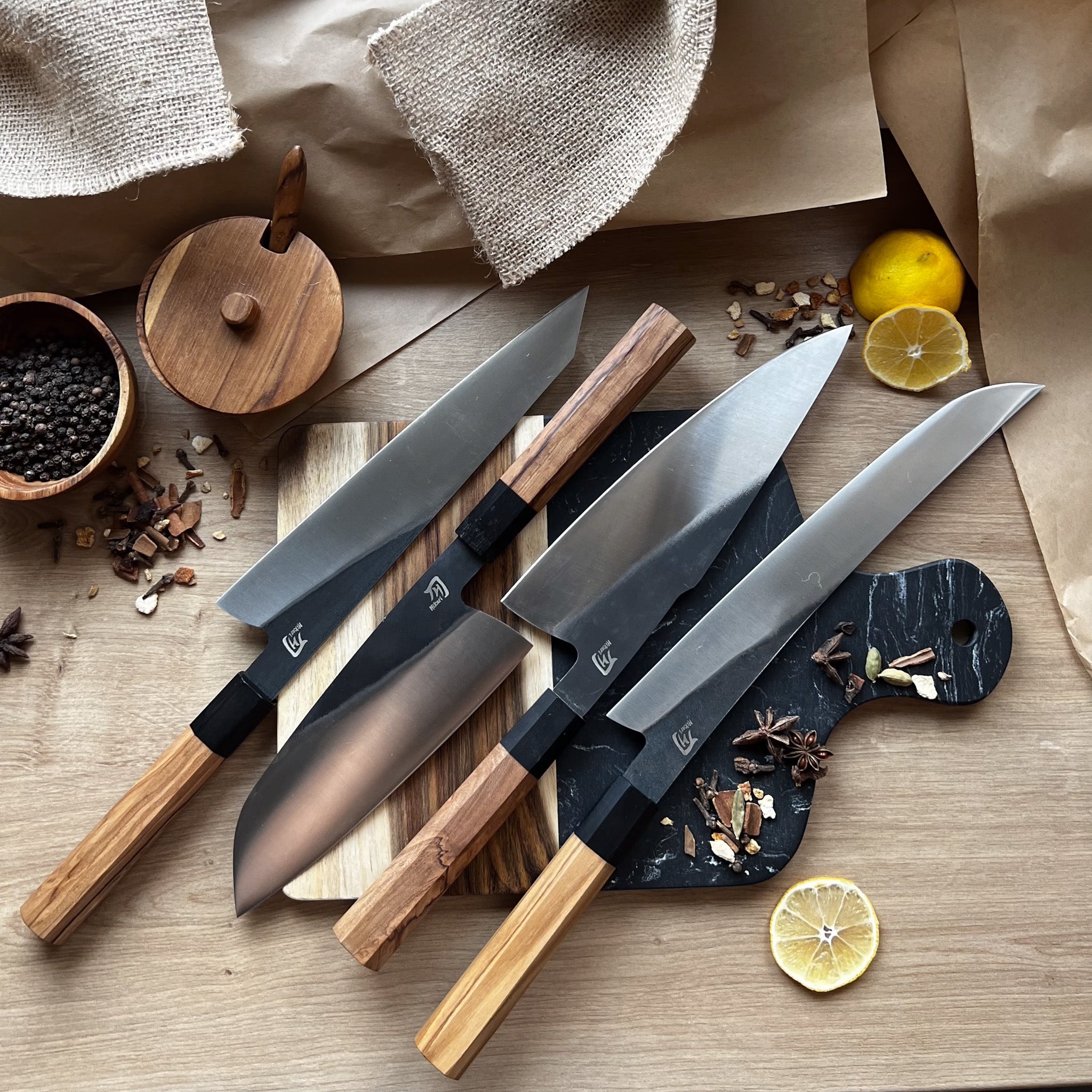 Collection of Japanese Knives, Hikari Carbon Steel Knives, Multi-purpose knives – Japanese-Style, Stainless Steel Blade and Olive Wood Handle - Hikari