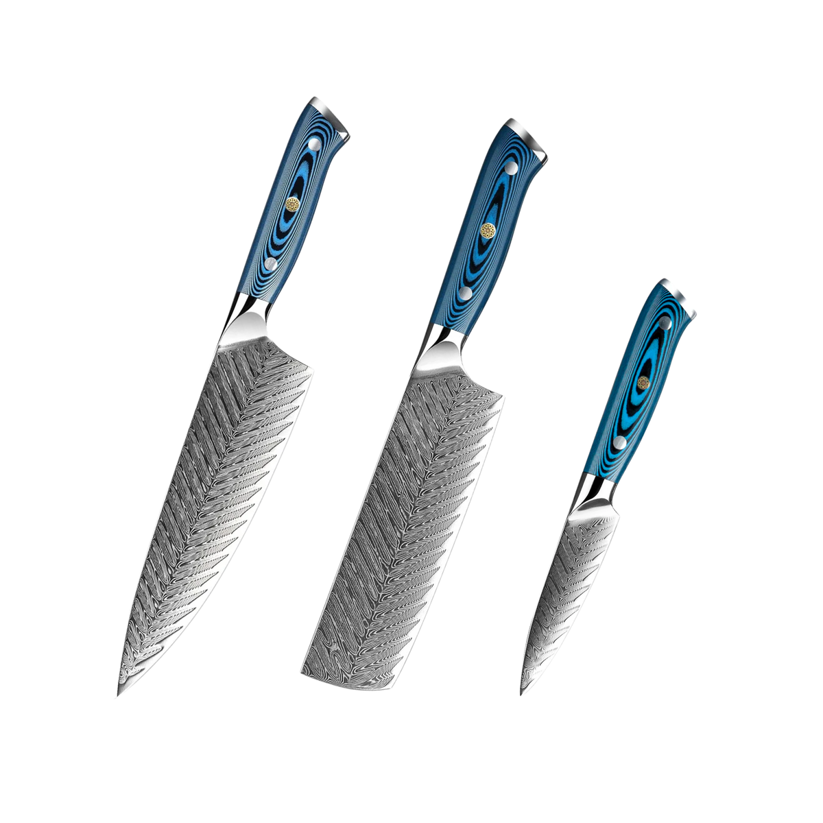Hikari 73-Layer Damascus Steel Knife Set with Blue Pakkawood Handles H245