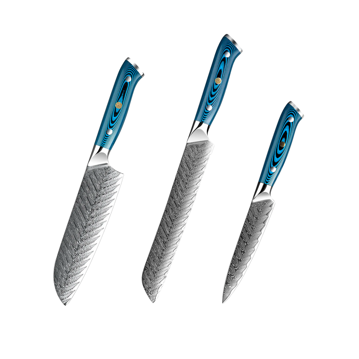 Hikari 73-Layer Damascus Steel Knife Set with Blue Pakkawood Handles H246