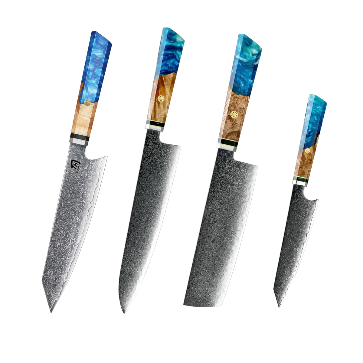 Hikari 4-Piece 67-Layer Damascus Steel Knife Set with Blue Resin Handles H363