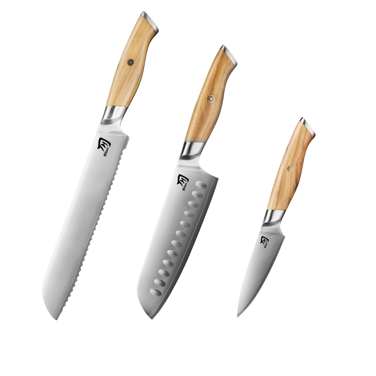 Hikari VG-10 Santoku, Bread & Paring Knife Set with Olive Wood Handles H372