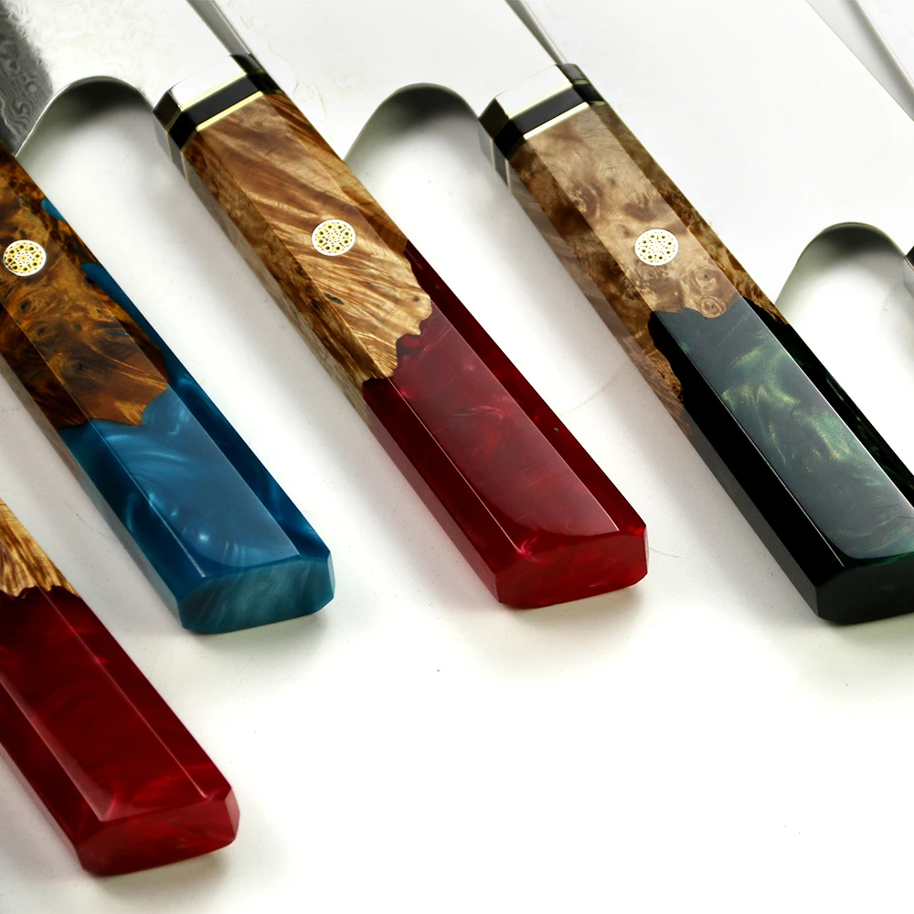 Premium Kiritsuke Knife, Hikari - VG -10 Damascus Steel, Stylish Resin and Burl Wood Handle for Precision - Hikari