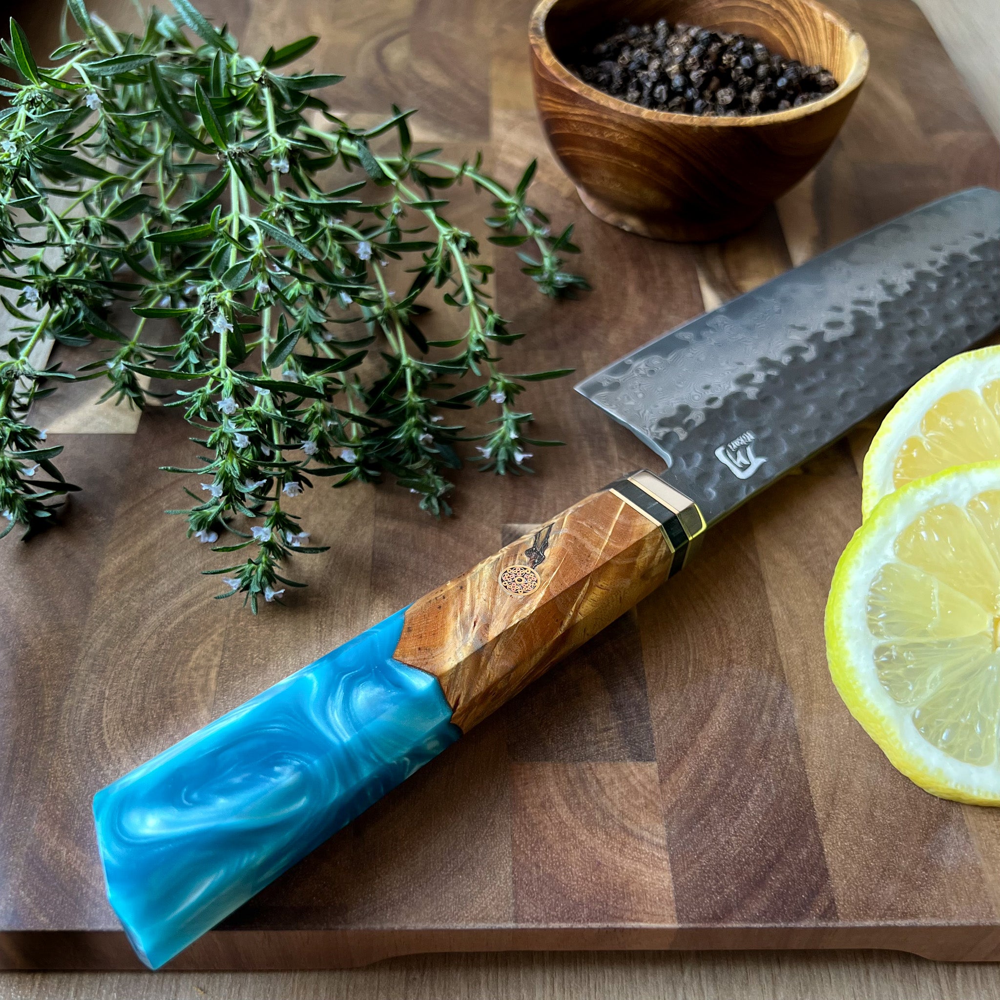 Professional Kiritsuke Knife, Hikari – VG -10 Damascus Blade, Kurouchi Finish, Japanese Style Knife for Slicing & Cutting - Hikari