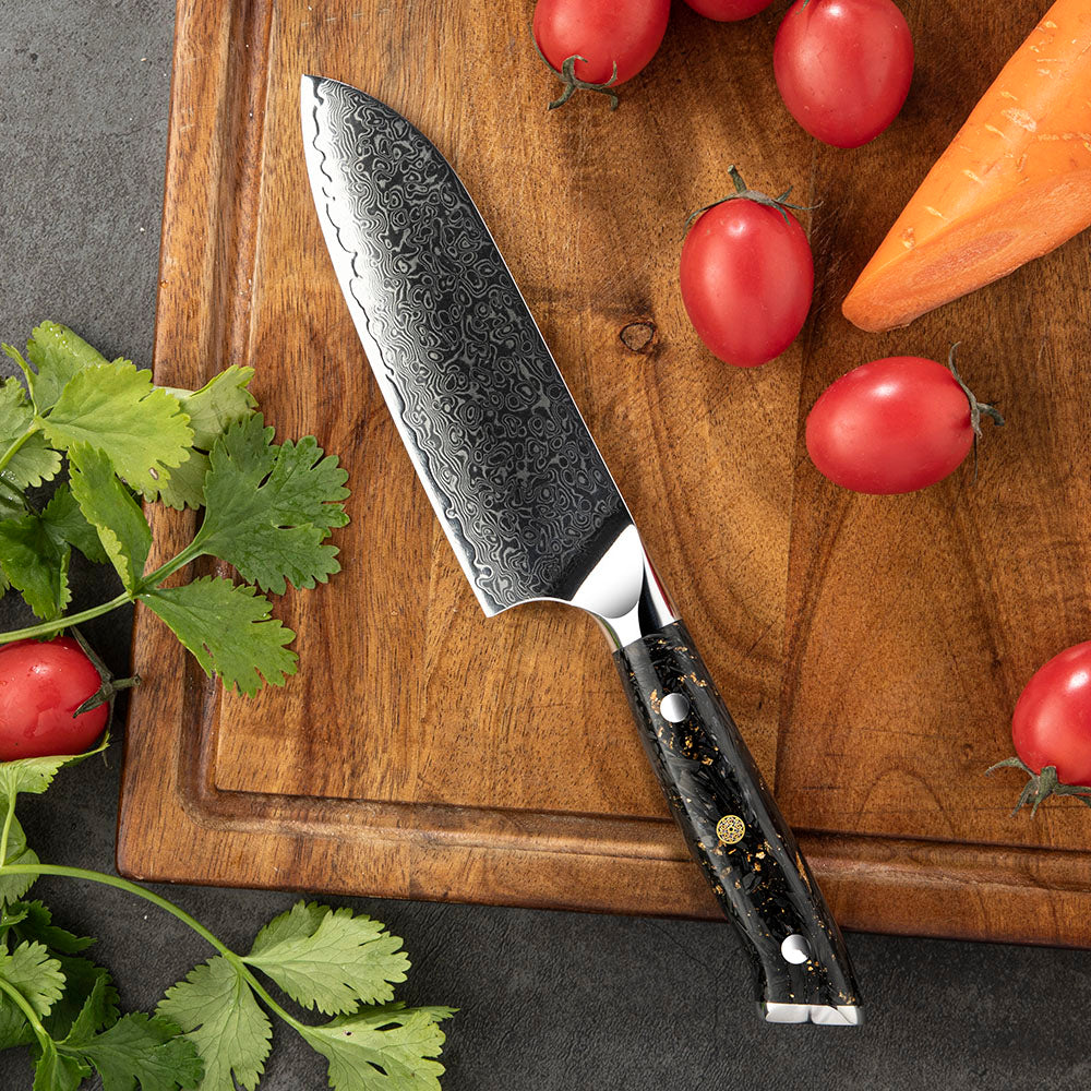 Professional Santoku Knife, Hikari – 13 cm Damascus Steel Blade, Universal Knife for Slicing Meat, Fish, and Vegetables