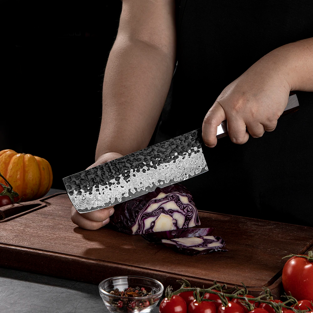 Nakiri Vegetable Knife, Hikari – Damascus VG -10 Blade, Ebony Handle, Japanese Style