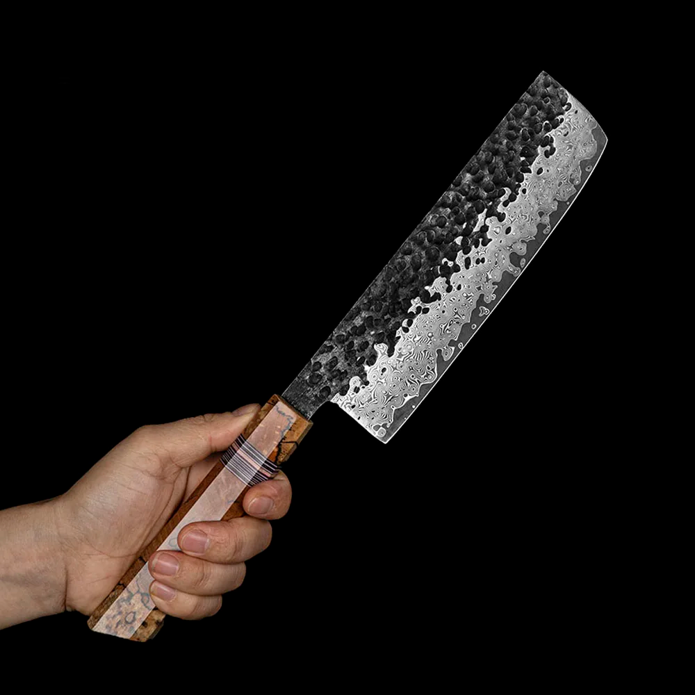 Professional Nakiri Knife, Hikari – Damascus VG -10 Steel, Spalted Maple Handle, Garnish Preparation
