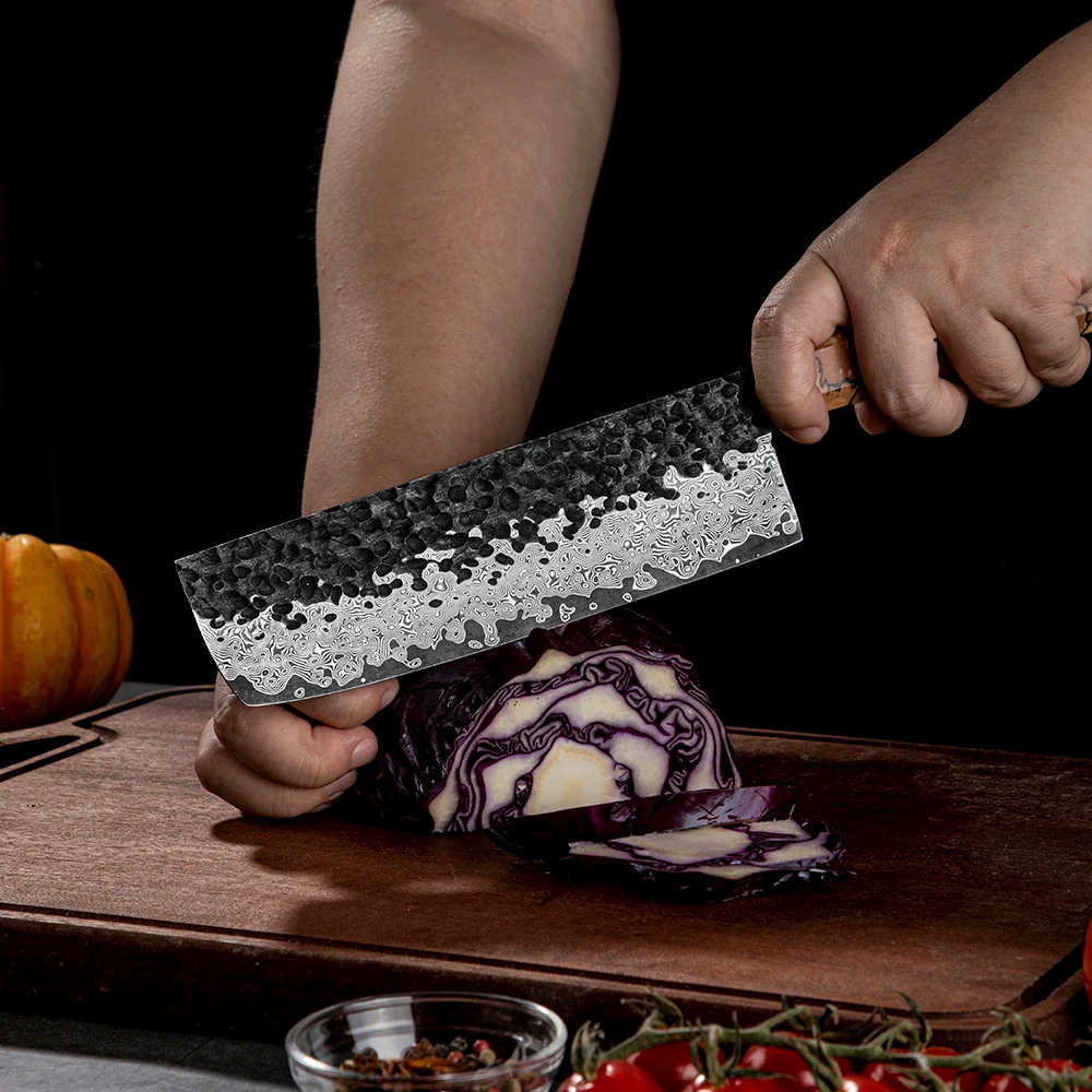 Professional Nakiri Knife, Hikari – Damascus VG -10 Steel, Spalted Maple Handle, Garnish Preparation