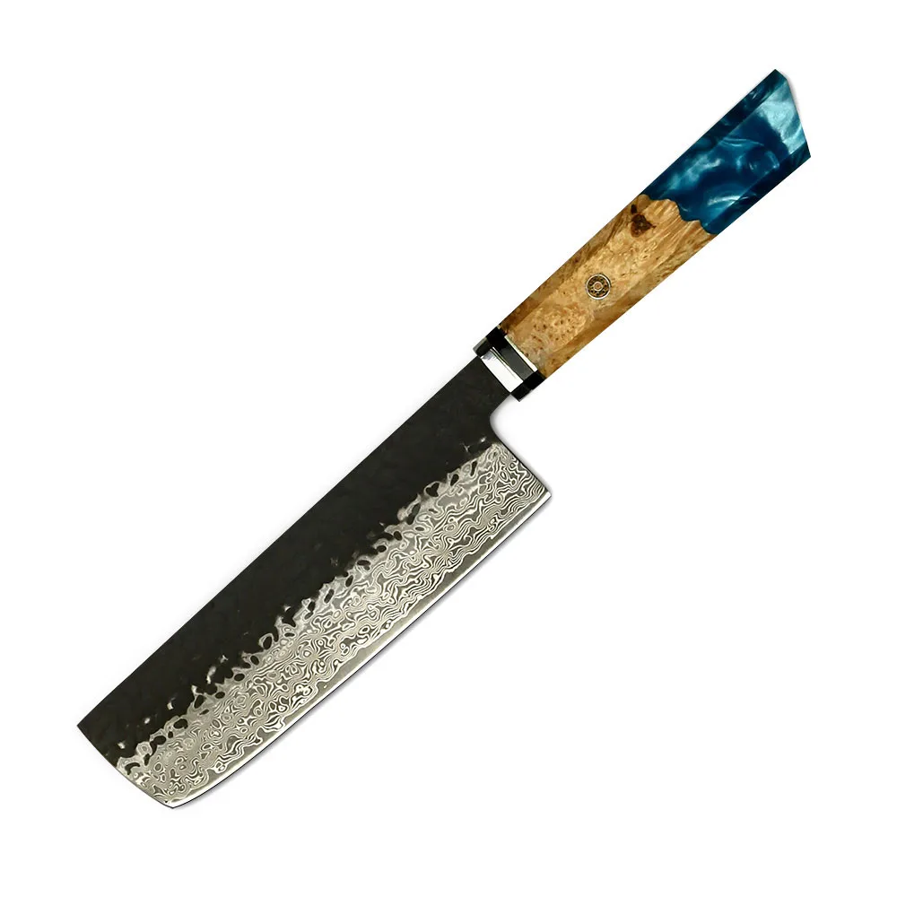Nakiri Kitchen Knife – Damascus VG -10 Steel Blade, Ergonomic Burl Handle, Professional Vegetable Knife - Hikari