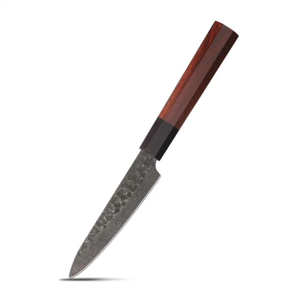 Petty Knife – High Carbon Steel Blade, Hammered Finish, Mahogany Wood Handle for Precision Cutting - Hikari