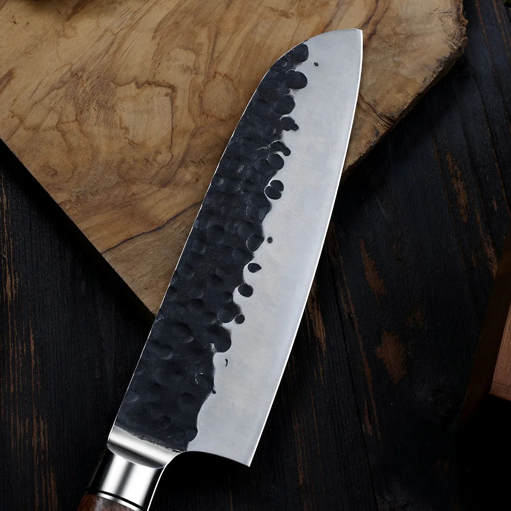 Santoku Knife, Hikari – Carbon Steel, Rosewood Handle, All-Purpose Kitchen Knife for Meat, Fish, and Vegetables - Hikari