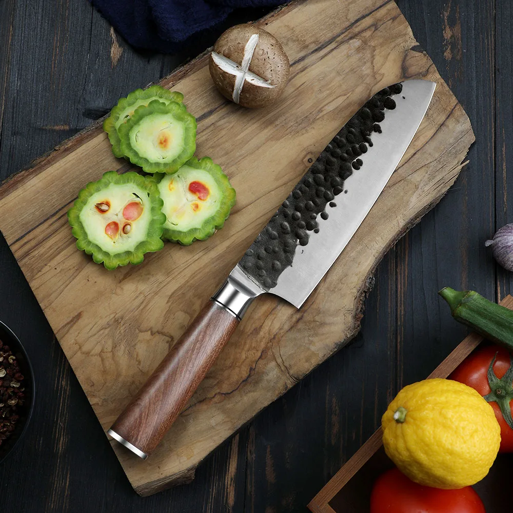 Santoku Knife, Hikari – Carbon Steel, Rosewood Handle, All-Purpose Kitchen Knife for Meat, Fish, and Vegetables - Hikari