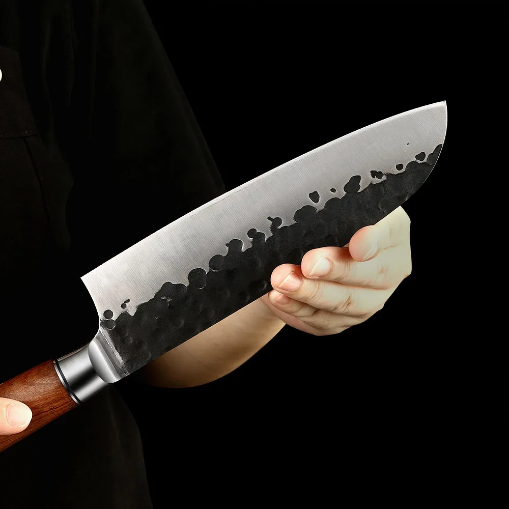 Santoku Knife, Hikari – Carbon Steel, Rosewood Handle, All-Purpose Kitchen Knife for Meat, Fish, and Vegetables - Hikari