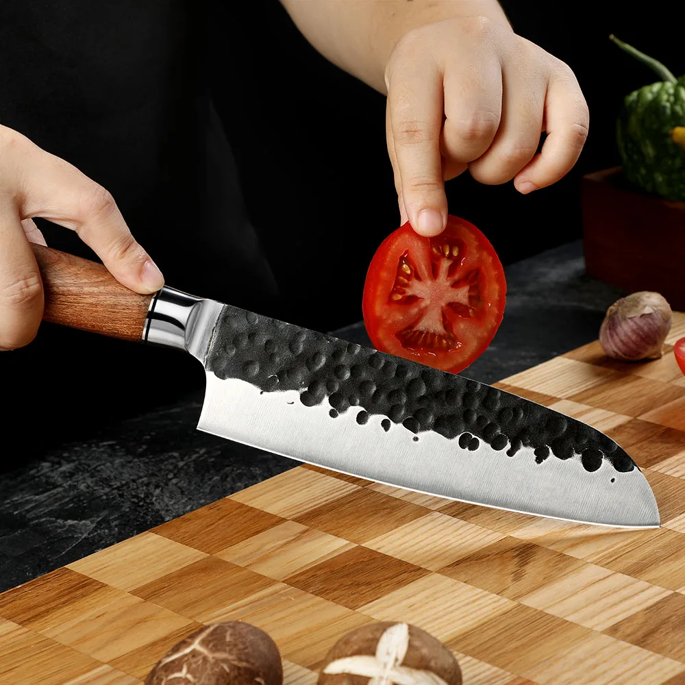 Santoku Knife, Hikari – Carbon Steel, Rosewood Handle, All-Purpose Kitchen Knife for Meat, Fish, and Vegetables - Hikari