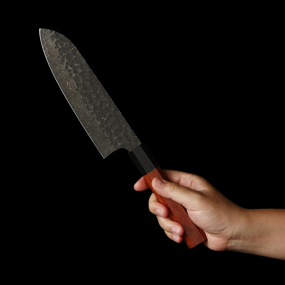 Versatile and Sharp Santoku Knife – Durable High Carbon Steel Blade with Hammered Finish and Mahogany Handle - Hikari