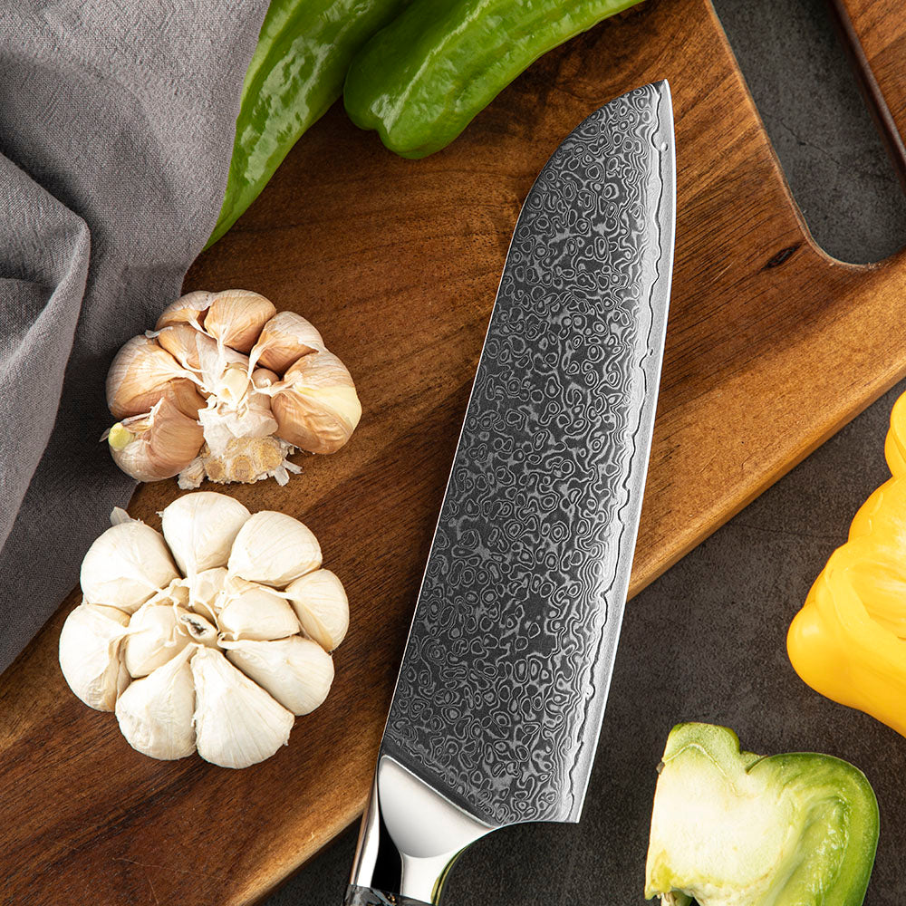 Professional Santoku Knife, Hikari – Damascus & VG -10 18 cm Blade, Carbon Fiber Handle, Multipurpose Kitchen Knife - Hikari