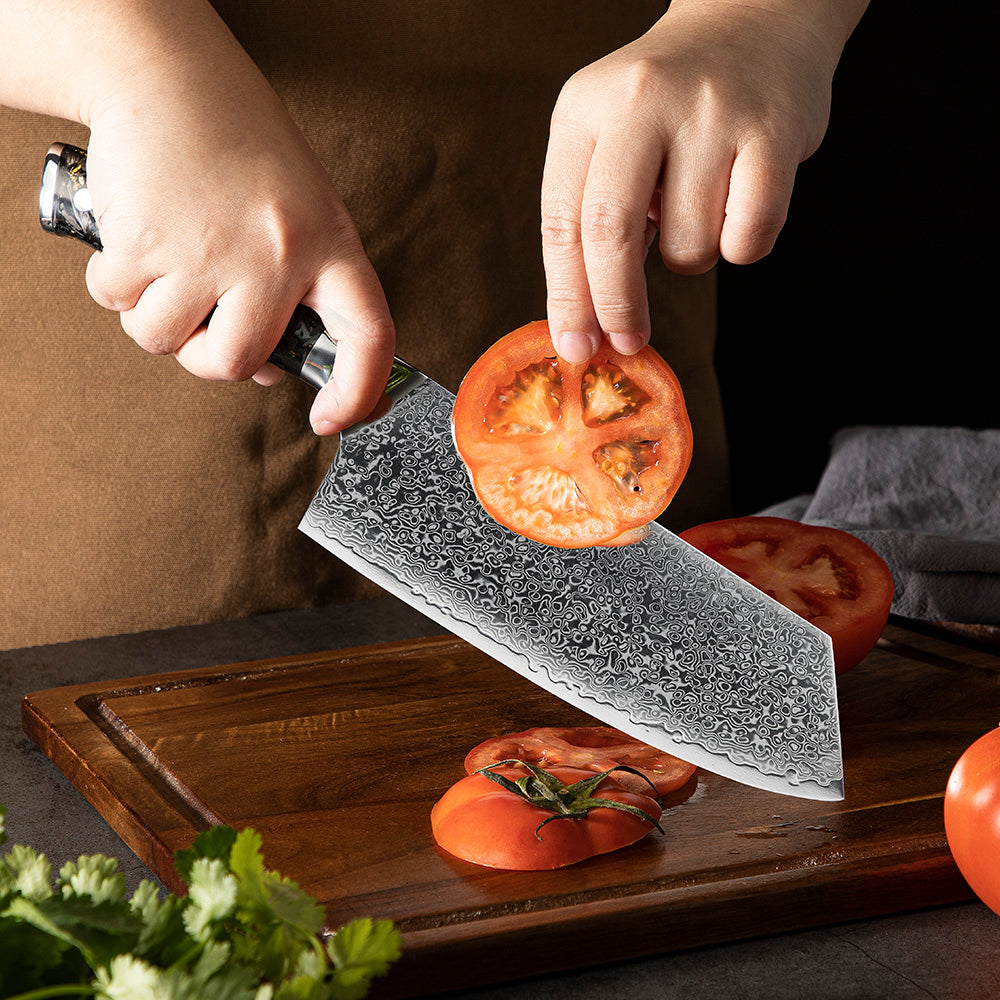 Professional Santoku Knife, Hikari – Damascus & VG -10 18 cm Blade, Carbon Fiber Handle, Multipurpose Kitchen Knife - Hikari