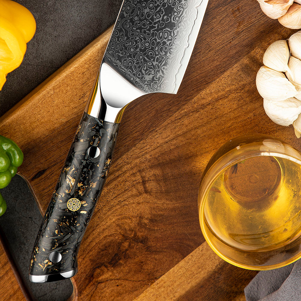 Professional Santoku Knife, Hikari – Damascus & VG -10 18 cm Blade, Carbon Fiber Handle, Multipurpose Kitchen Knife - Hikari