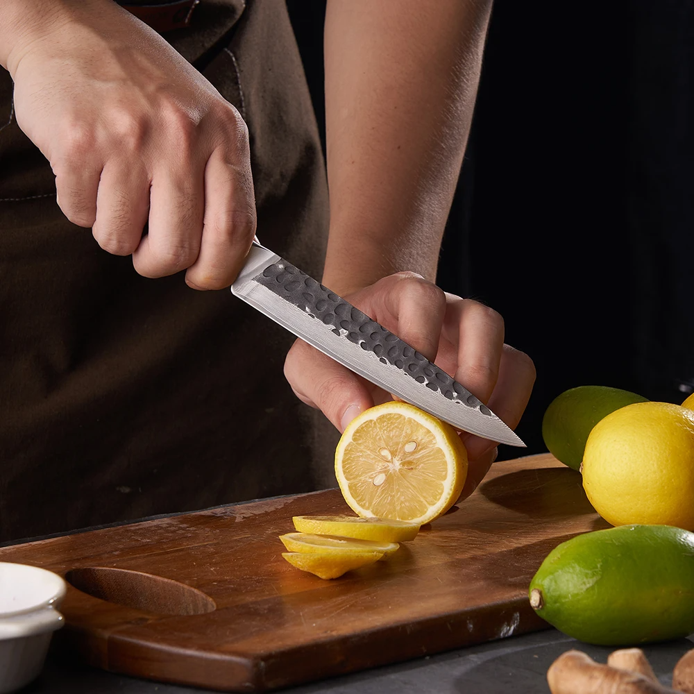 Professional Petty Knife, Hikari – Damascus VG- 10 Blade, Fruit & Vegetable Precision Cutting, Walnut Handle