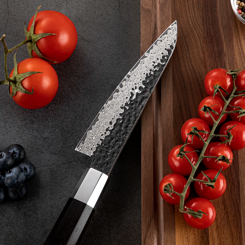 Small Kitchen Knife, Hikari – Damascus Blade with Ebony Handle for Delicate Cutting and Peeling